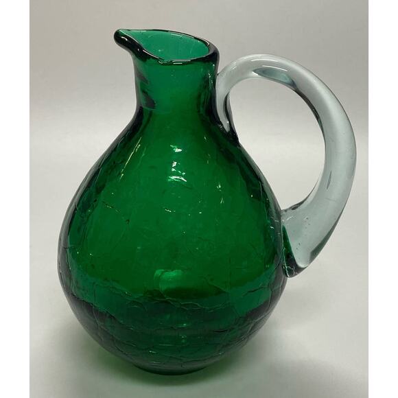 Blenko Green Art Glass Crackled Small Pitcher Clear Handle - Picture 1 of 7
